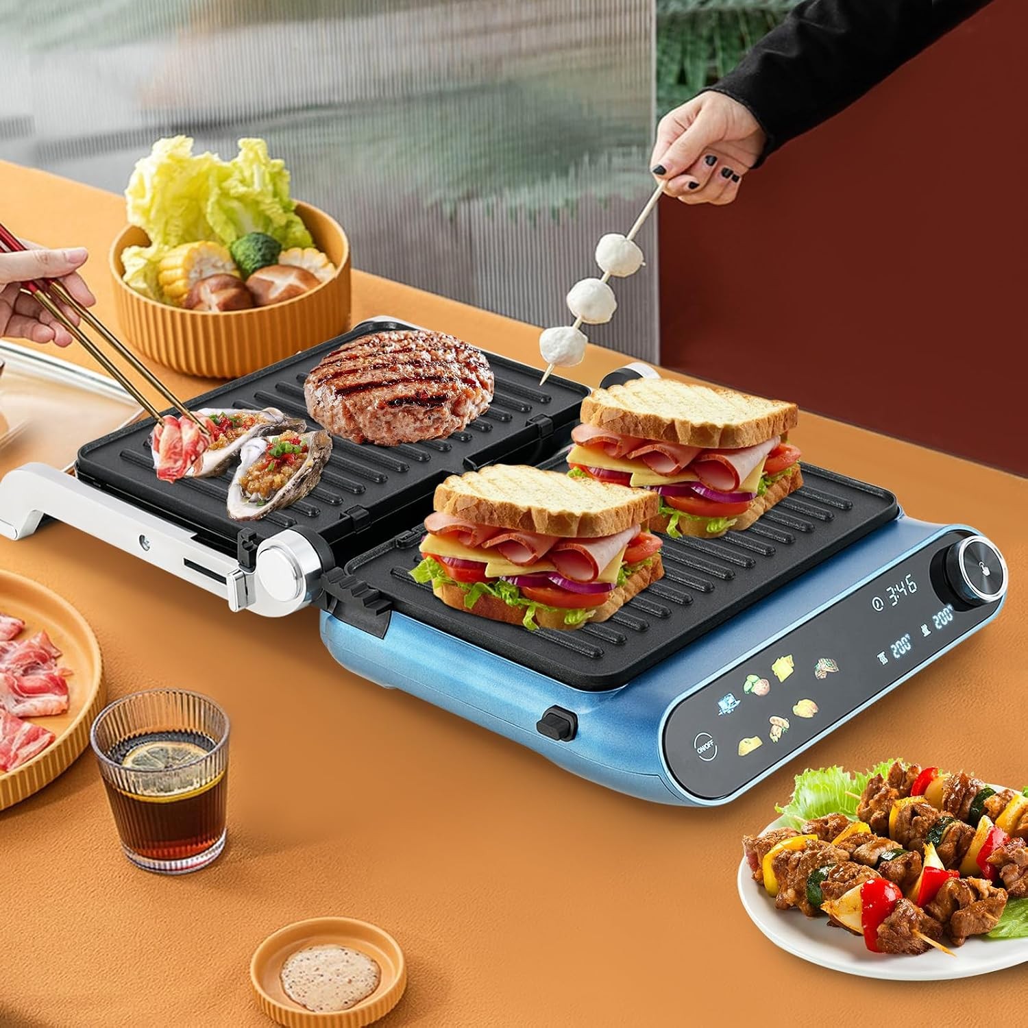 Panini Press 1200W Sandwich Maker W/ LED Touch Panel Non-Stick Coated Plates &