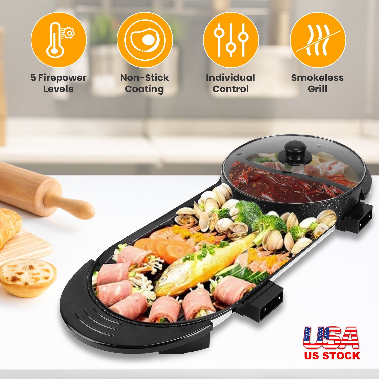 2 in 1 Electric Non-Stick Grill Hot Pot BBQ Grill Soup Shabu Pot Barbecue 2200W