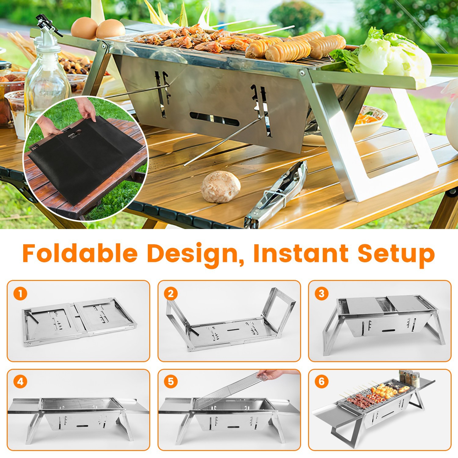 Portable Charcoal Grill with Adjustable Fire Grate Foldable for Camping BBQ