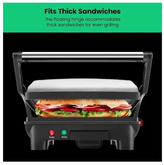 Chefman 3-in-1 Panini Press & Grill,4-Slice Non-Stick,Opens Flat-Stainless Steel
