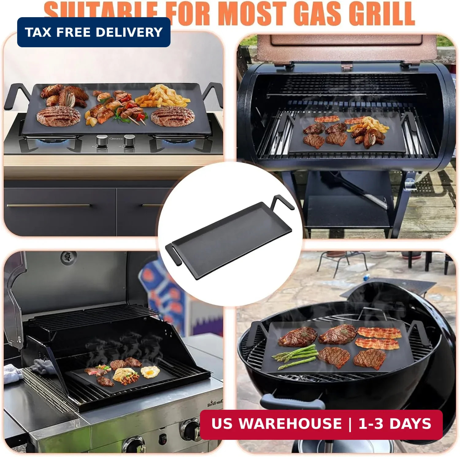 24” Carbon Steel Griddle, Professional Pre-seasoned Cookware for Double Burner