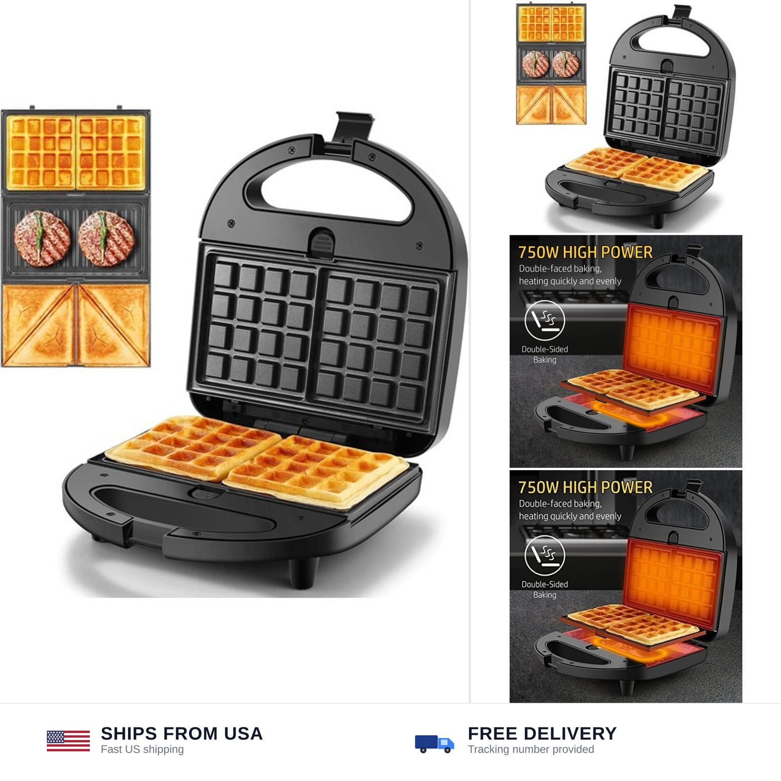 OSTBA 3-in-1 Waffle Maker with Removable Plates, Sandwich Maker | 750W Heatin…