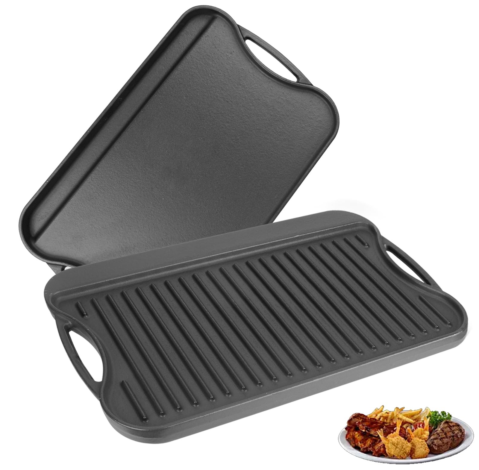 2 in 1 Reversible Cast Iron Griddle for Gas Grill, Flat Grill Pan for Gas Stove,
