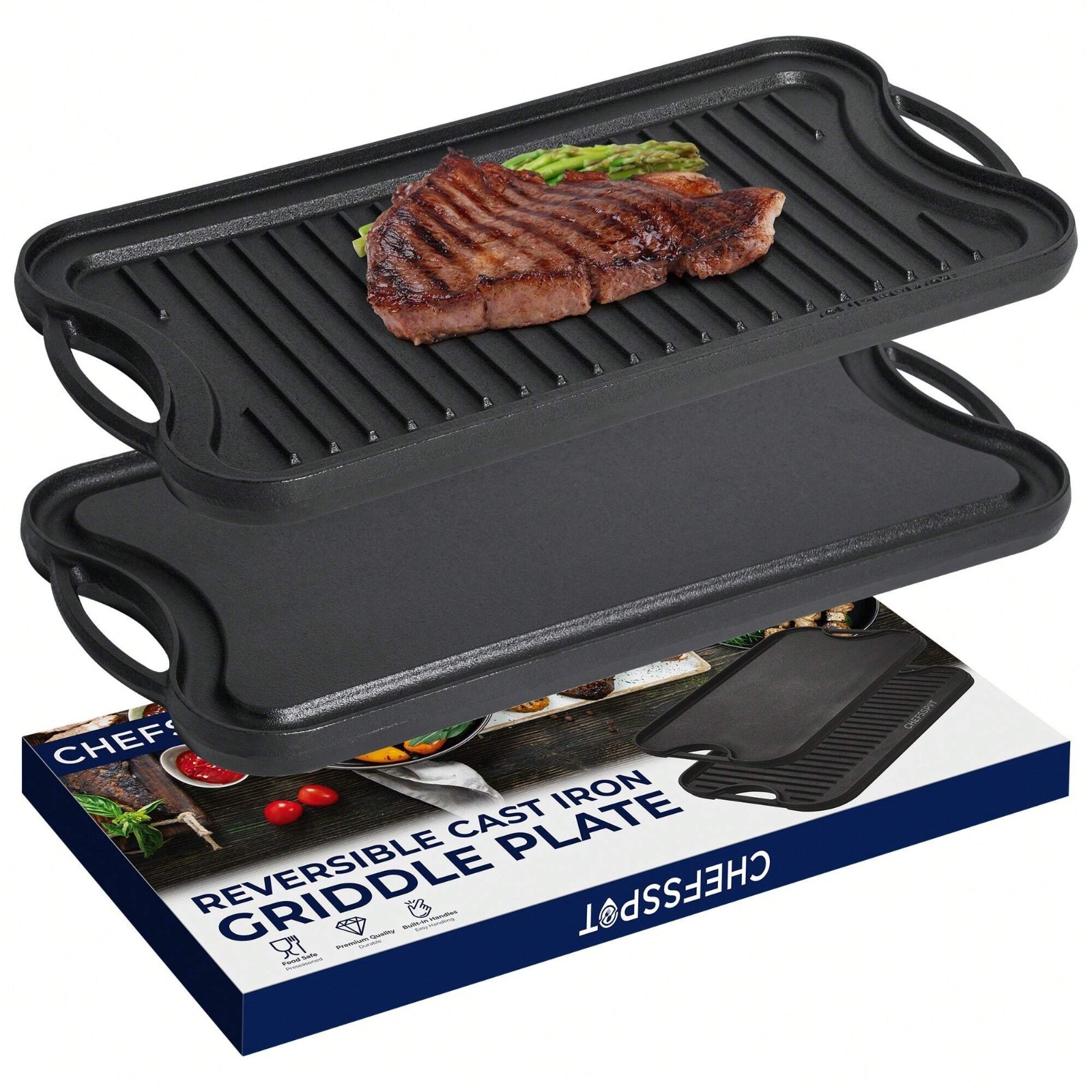 1PCS Pre-Seasoned Cast Iron Reversible Grill Griddle Pan Double Burner Stovetop