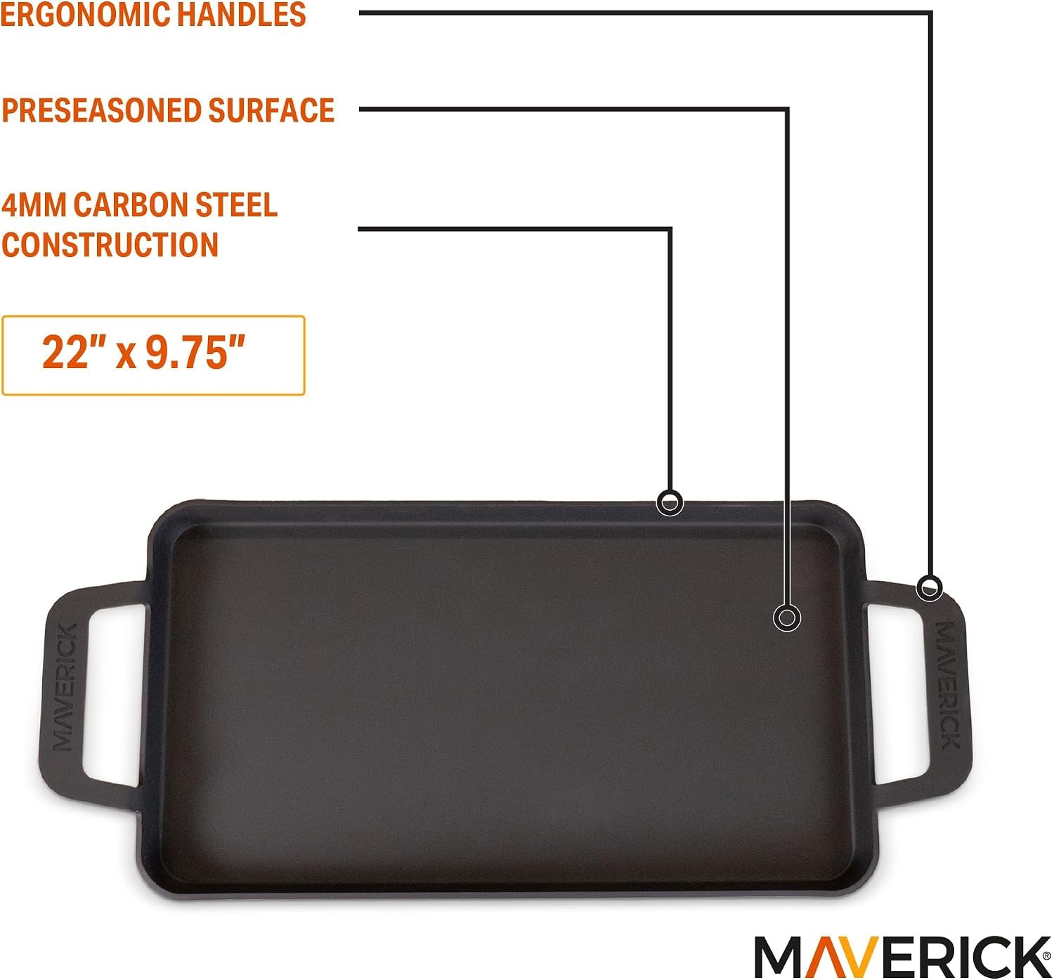 Maverick 22-Inch Preseasoned Carbon Steel Griddle, 4mm Heavy-Duty Flat Grill