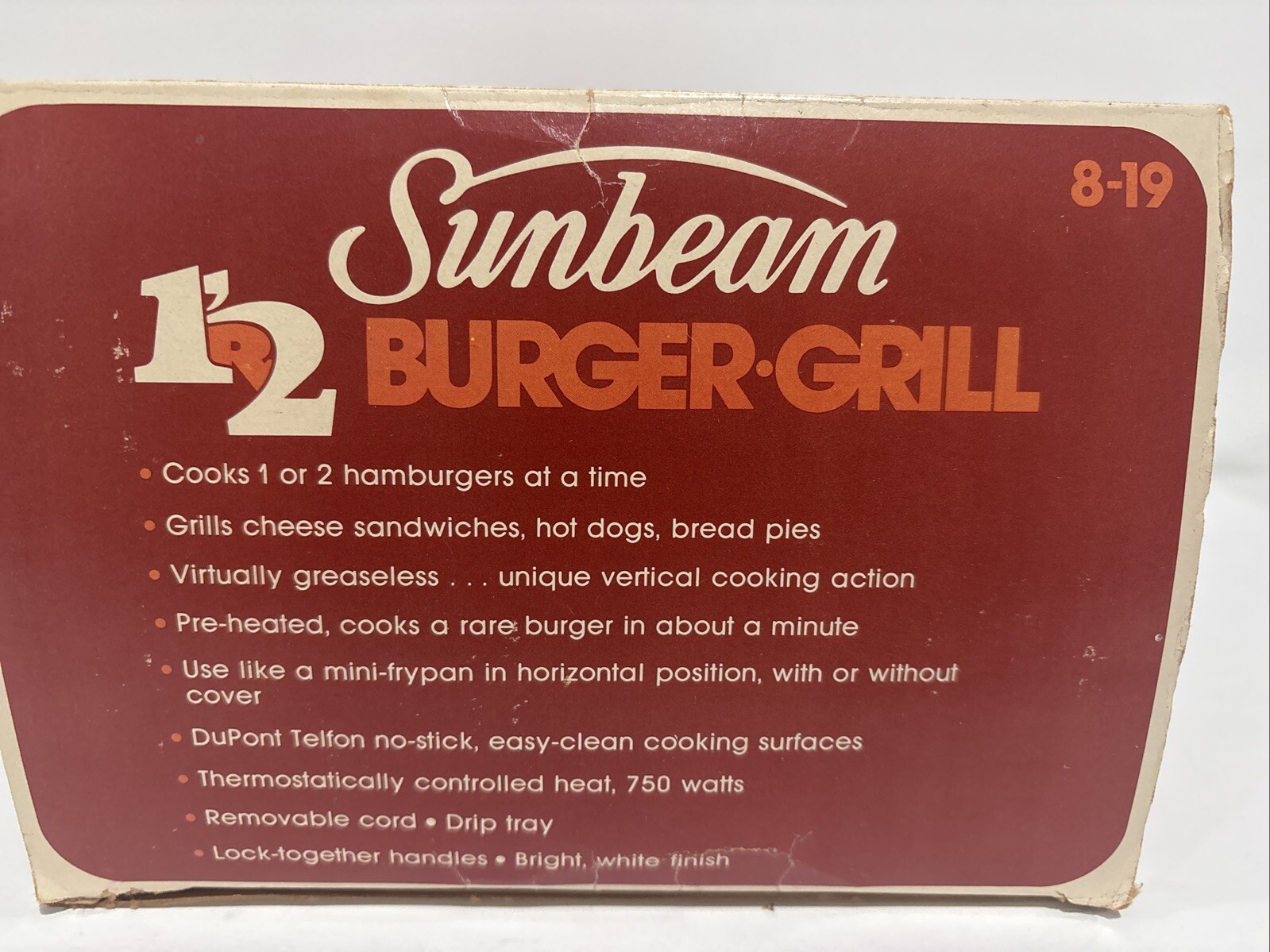 VINTAGE 1976 Sunbeam 1 or 2 Burger Grill NEW Cooks Vertically To Drain The Fat!