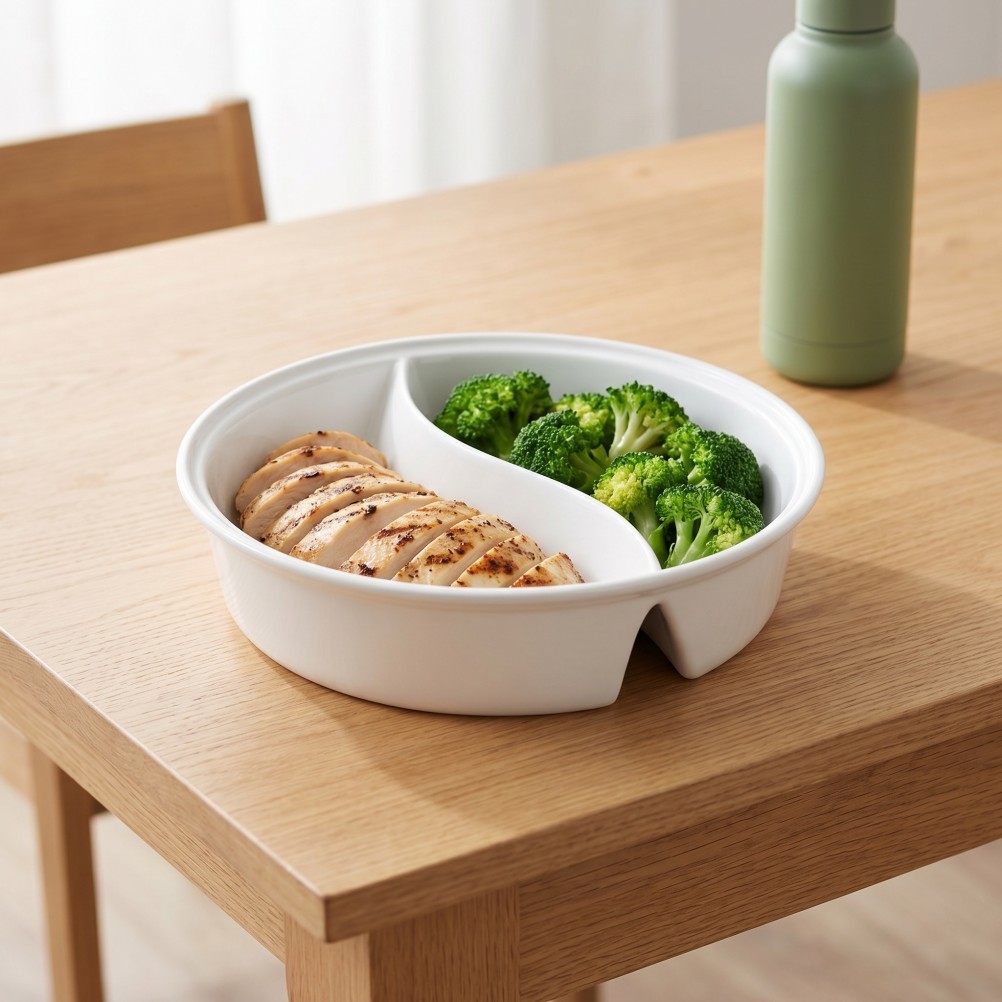 Ceramic Portion Control Dinner Bowl Microwave Safe with Dry Wet Separation White