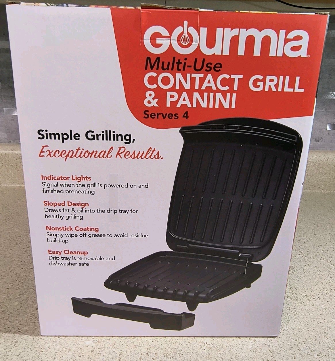 Gourmia Indoor Grill & Panini Maker, 4 Serving, Nonstick Ceramic with Drip Tray