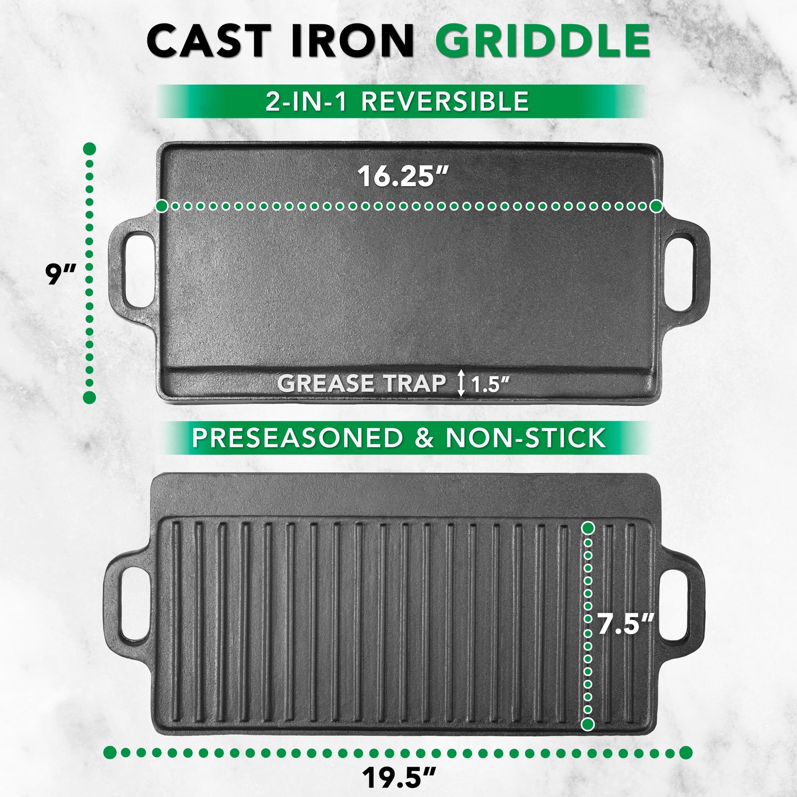 ProSource 2-in-1 Reversible 19.5″ x 9″ Cast Iron Griddle Preseasoned Non-Stick