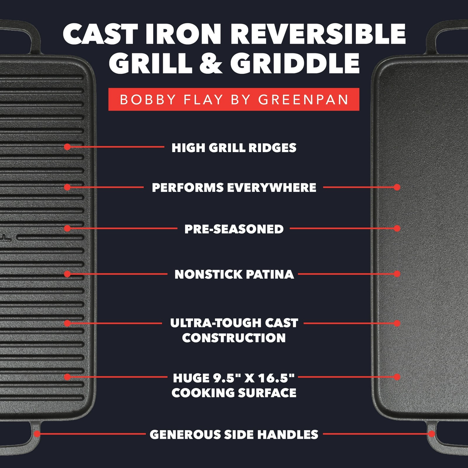 Bobby Flay Cast Iron Pre-Seasoned 11” Reversible Double Burner Rectangle Grill/G