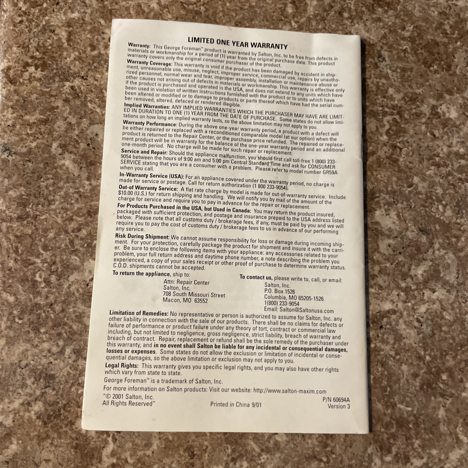 Baby George Foreman Rotisserie Instruction Manual Directions Model GR59A