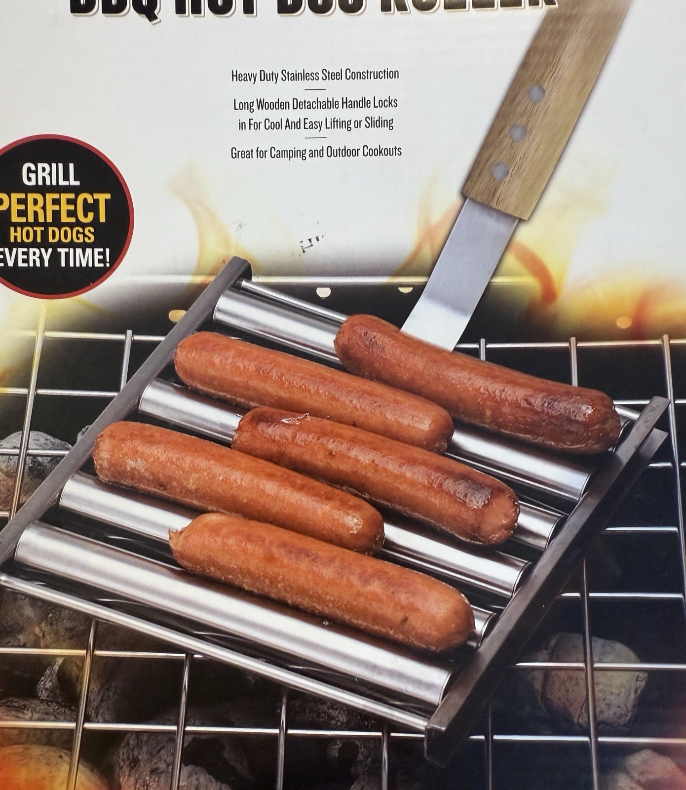 Jim Beam BBQ Hot Dog Roller * Heavy Duty Stainless Steel w/ Wood Handle * NEW
