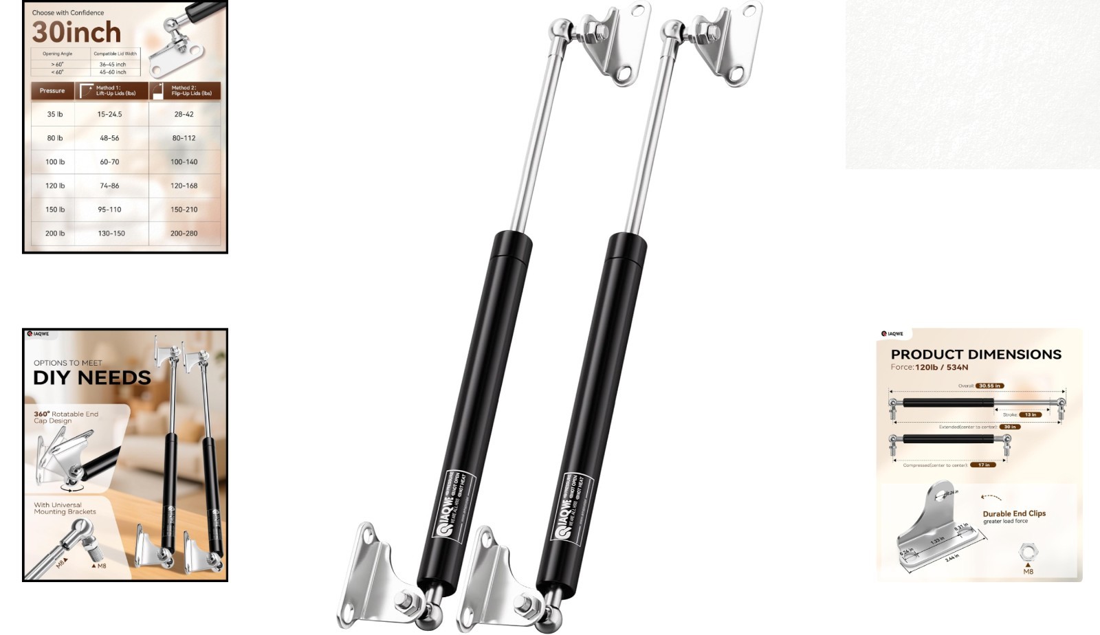 30″ Gas Struts 120Lbs for RV Bed, Trailer Door, Tool Box – 2 Pcs Kit
