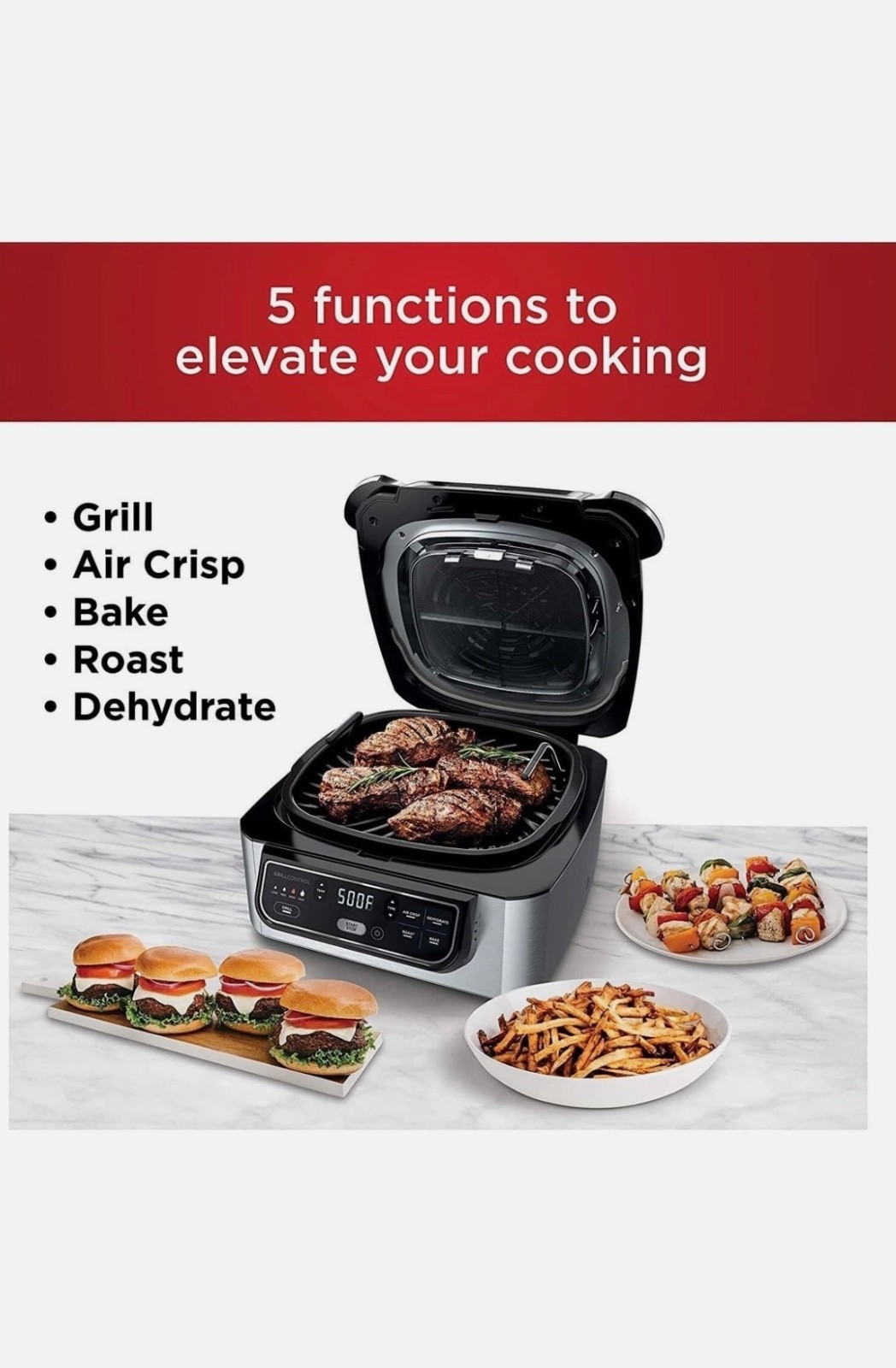 AG301 Foodi 5-in-1 Indoor Electric Grill w/Air Fry, Roast, Bake, & Dehydrate NEW