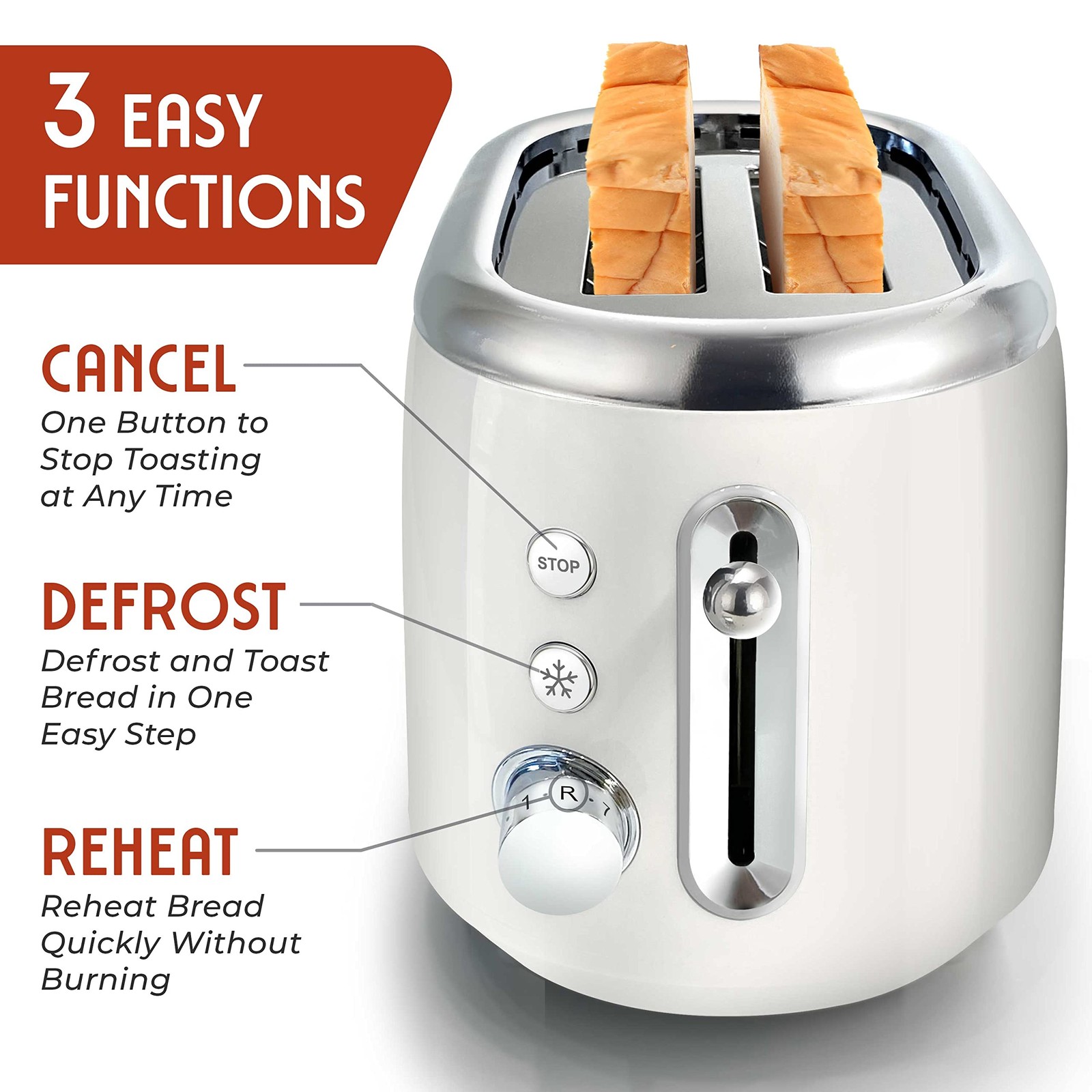 MUELLER HOME Retro Toaster 2 Slice, 7 Browning Levels, 3 2 White
