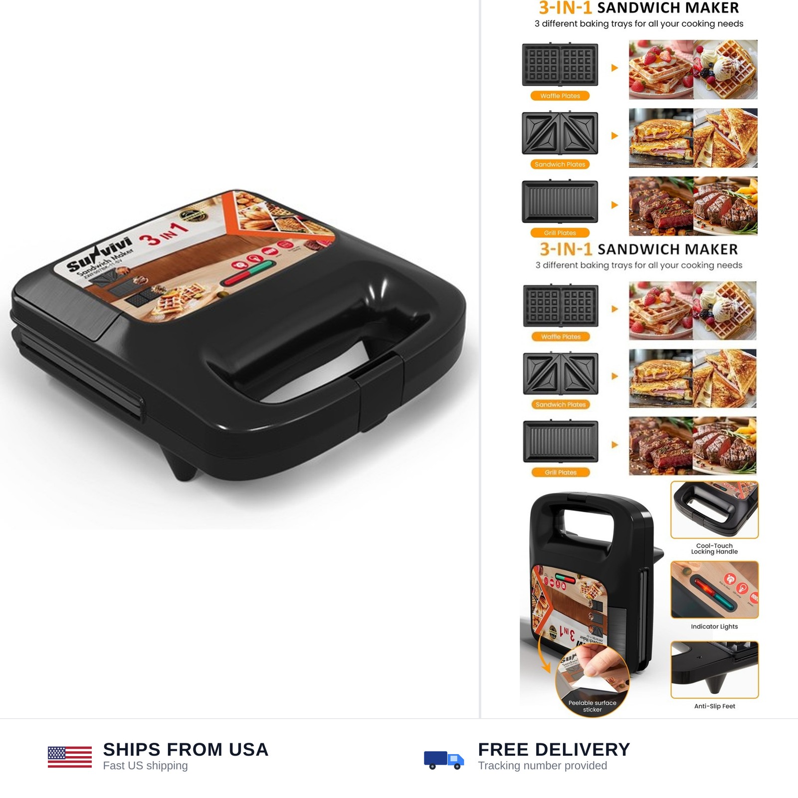 3 in 1 Electric Sandwich Maker with Removable Nonstick Plates – 800W,Black | …