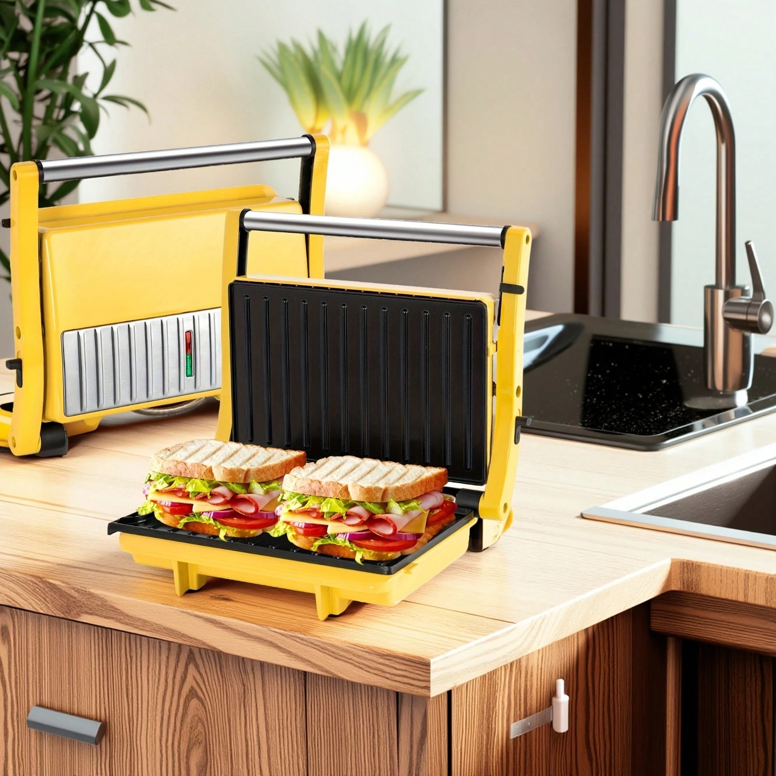 Indoor Electric Grill Sandwich Maker Nonstick Multi-Purpose Grill Pan Yellow