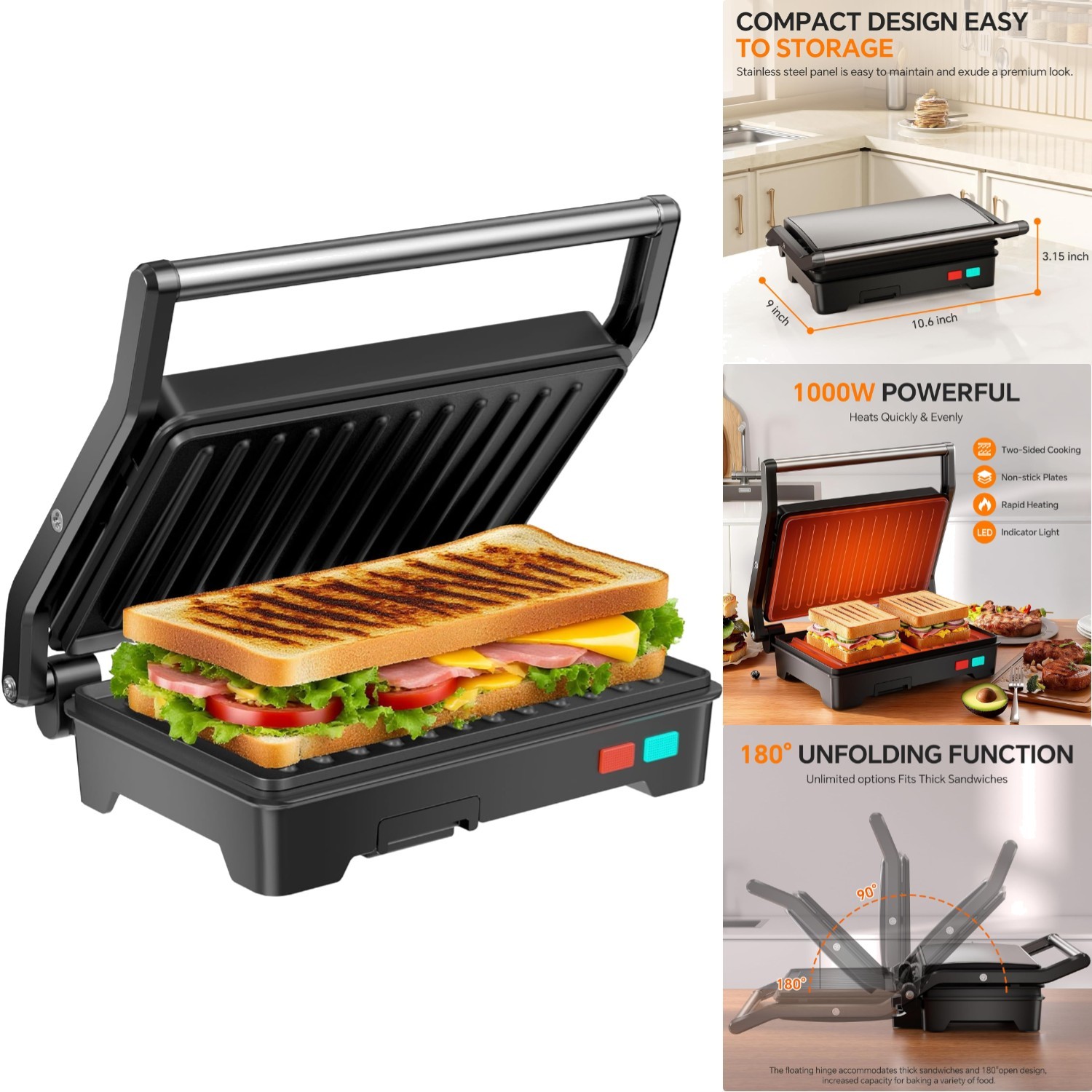 3-in-1 Panini Press Grill 1000W Electric Sandwich Maker Non-Stick Indoor Griddle