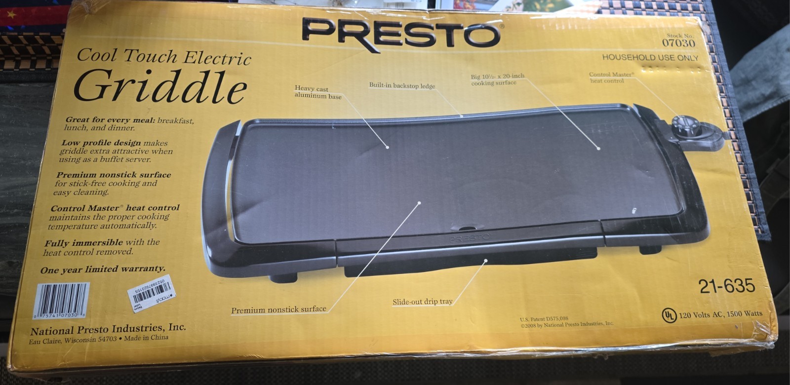 Presto Cool-Touch Electric Black 20″x10″ Griddle Model 07030 New in Original Box
