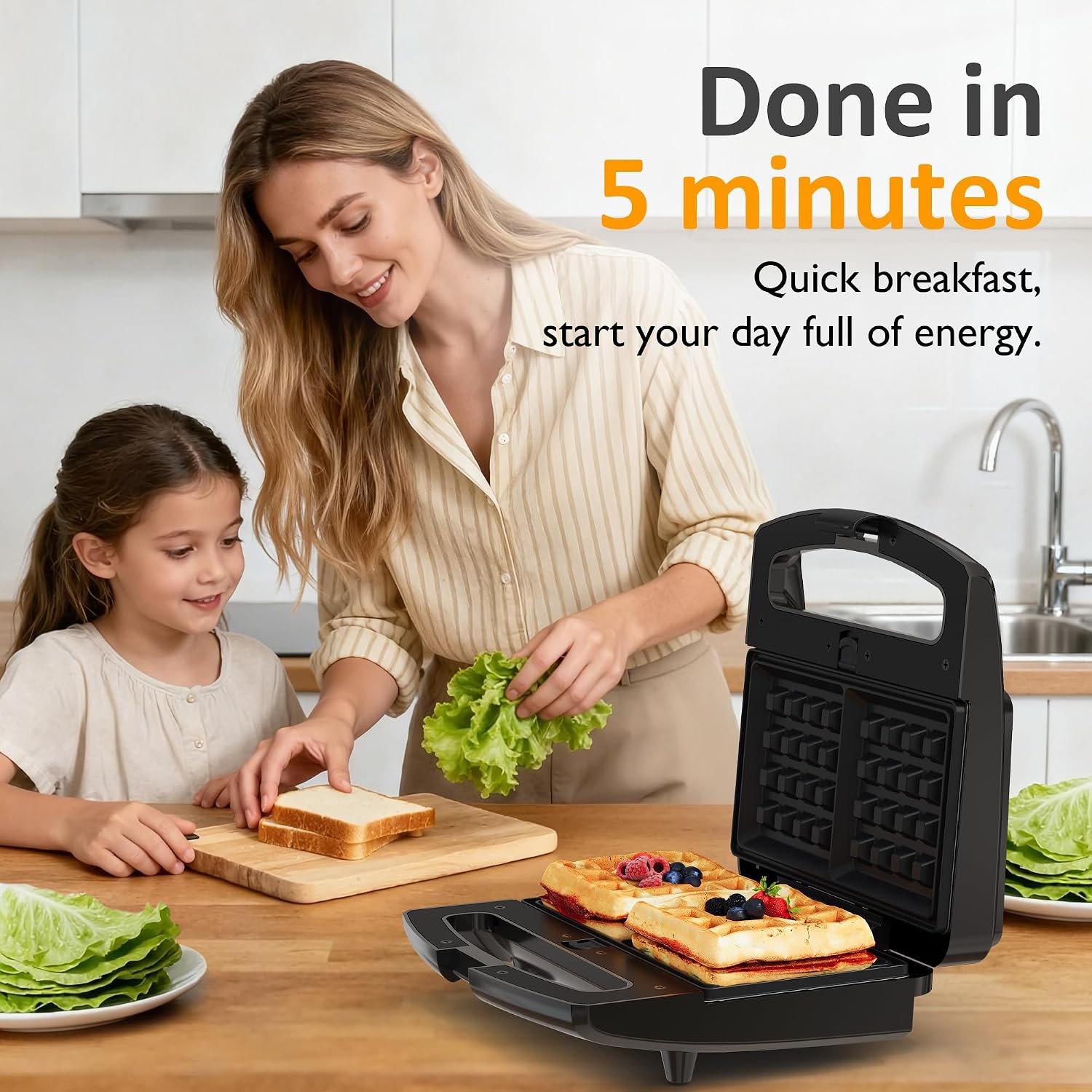 3 in 1 Sandwich Maker Electric Waffle Maker W/ Removable Non-stick Plates 800W