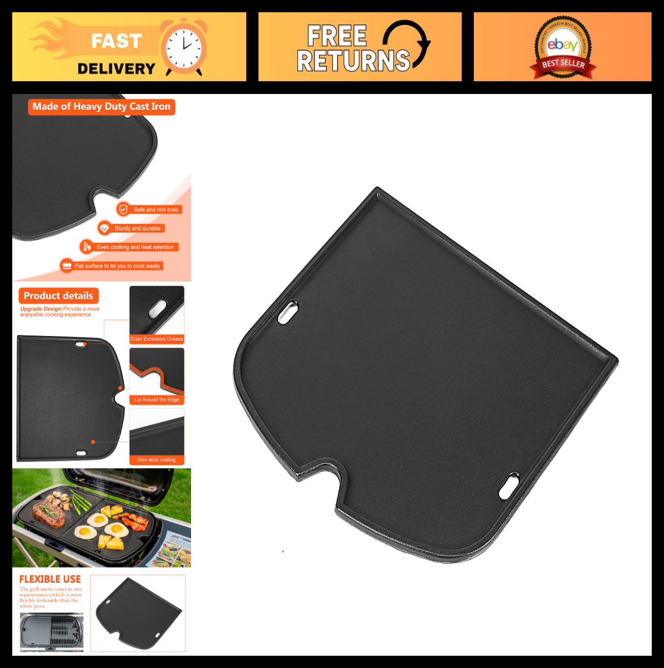 Cast Iron Griddle Plate for Portable Gas Grill – BBQ Cooking Accessory, 13.57×12