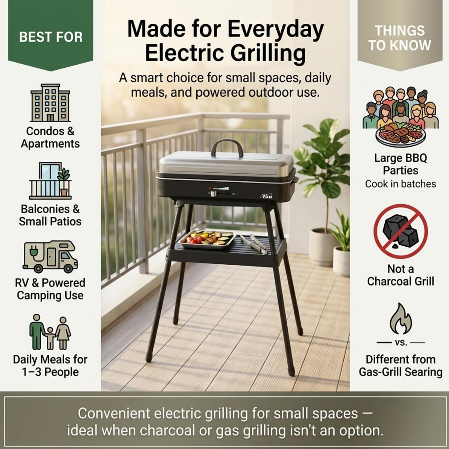 1800W Compact Electric Grill for Apartment Balcony, Smokeless