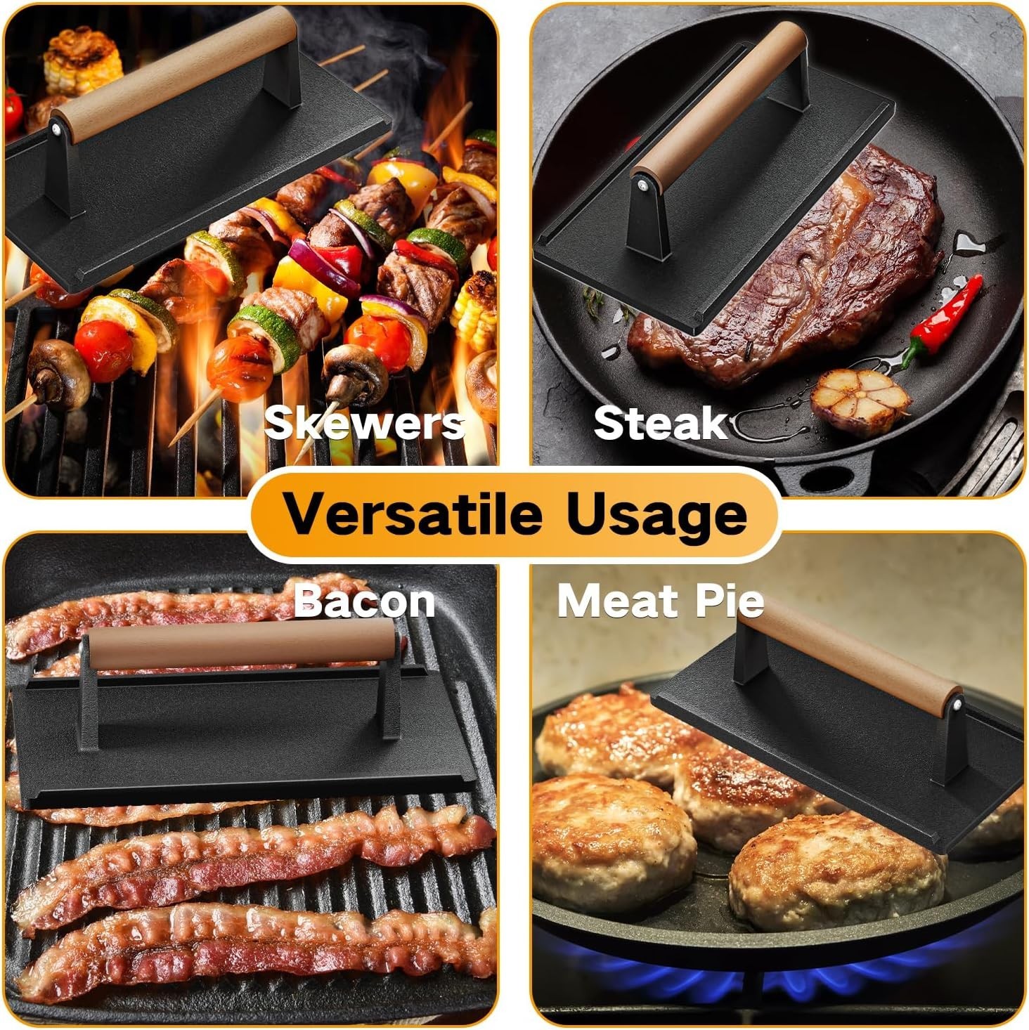 Cast Iron Grill Press-1PCS Heavy Duty Bacon/Burger/Griddle/Chef Press W/ Wood