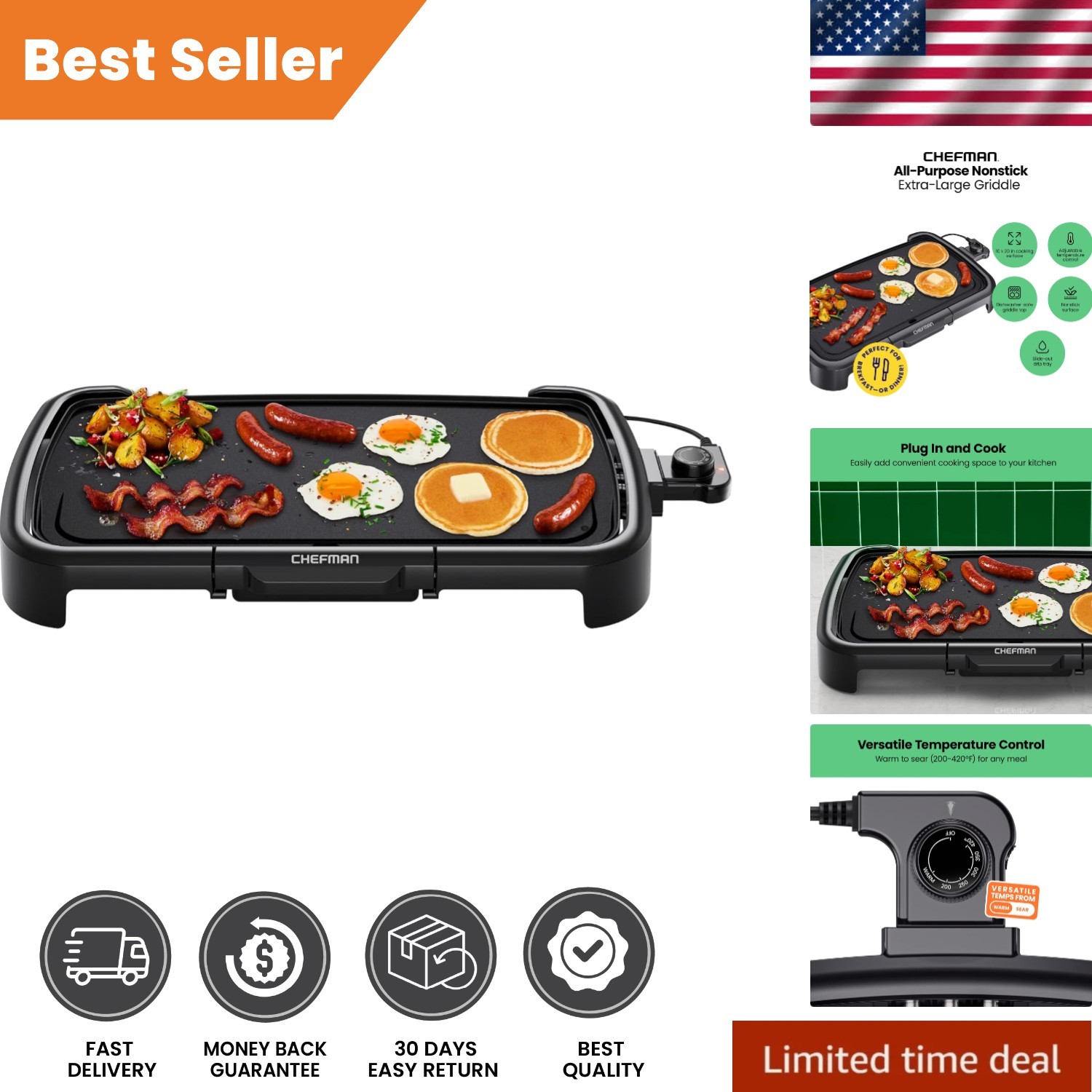 Extra Large 10×20 Electric Griddle with Removable Control & Slide-Out Drip Tray