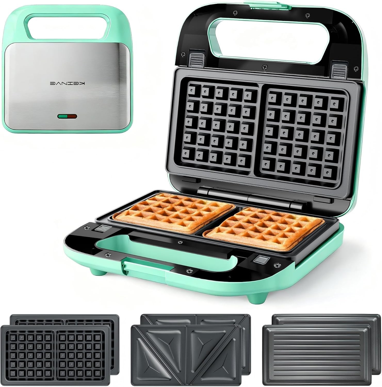 3-in-1 Sandwich Maker, Waffle Maker and Panini Press Grill, Aqua