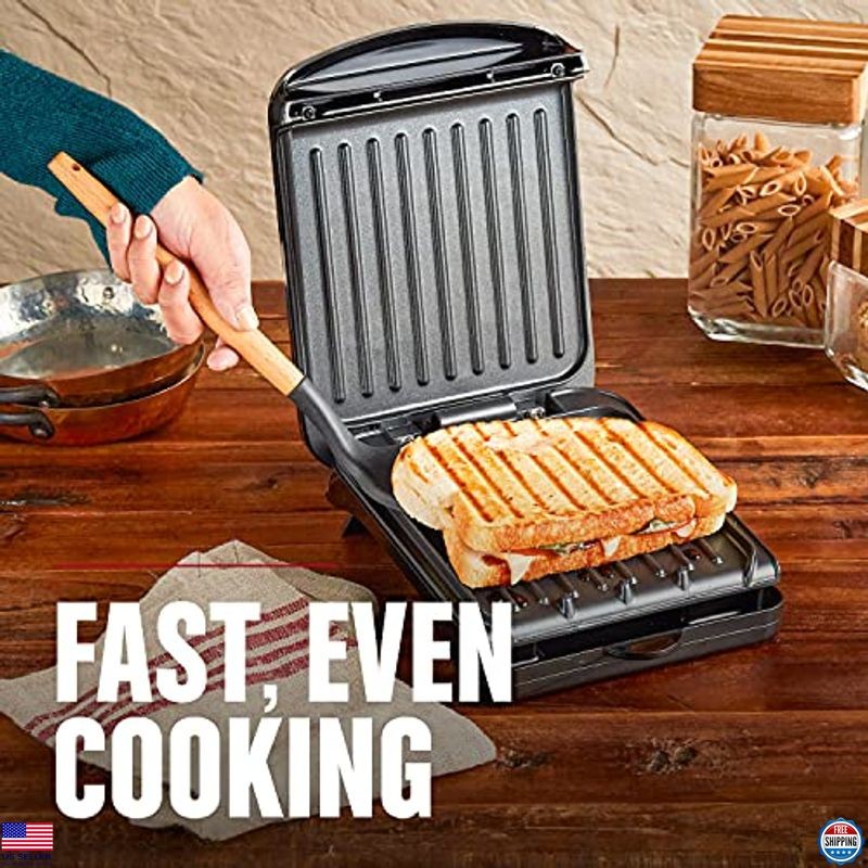 2-Serving Indoor Electric Grill & Panini Press, Classic Black, Compact Design