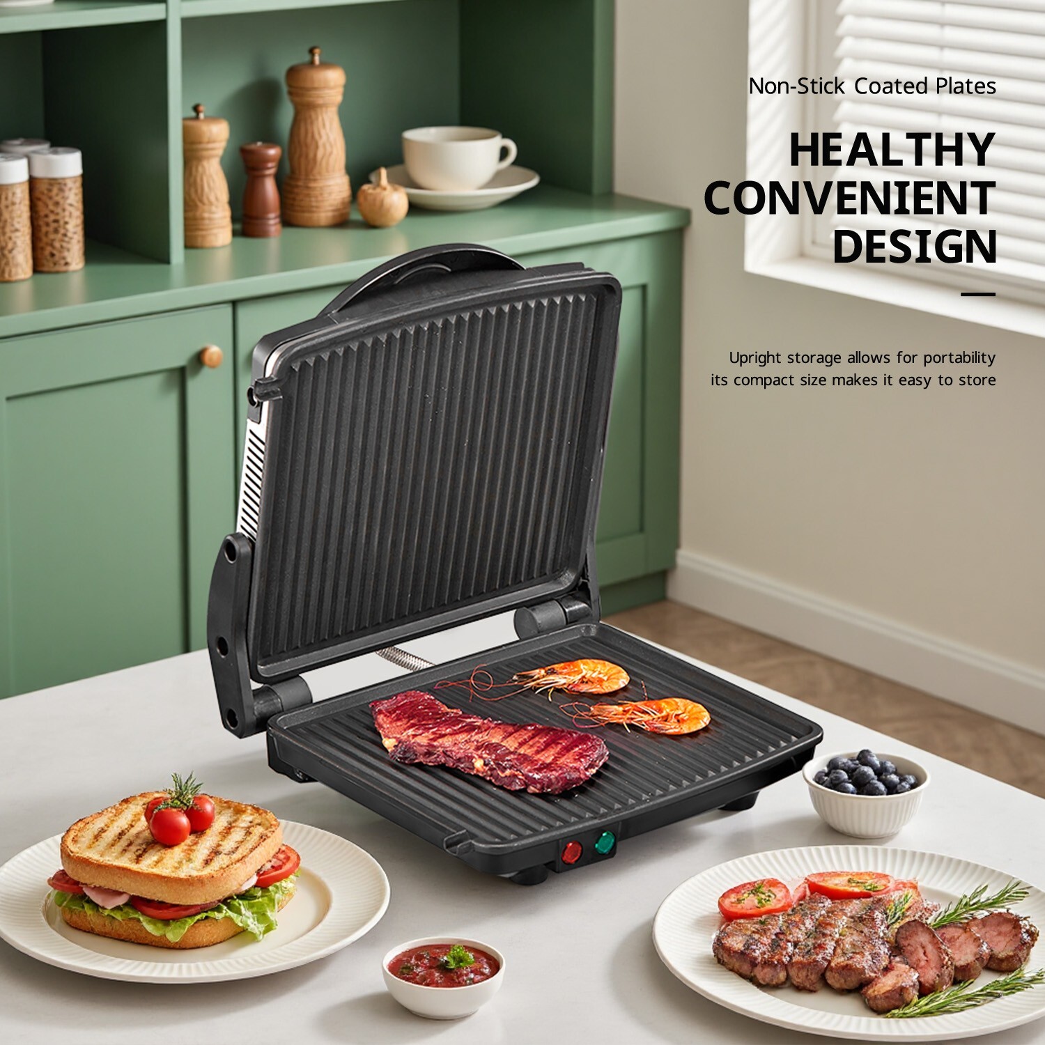 4 Slice Panini Grill Press, 11″x9.8″ Non-Stick, 180° Adjustable, Stainless Steel