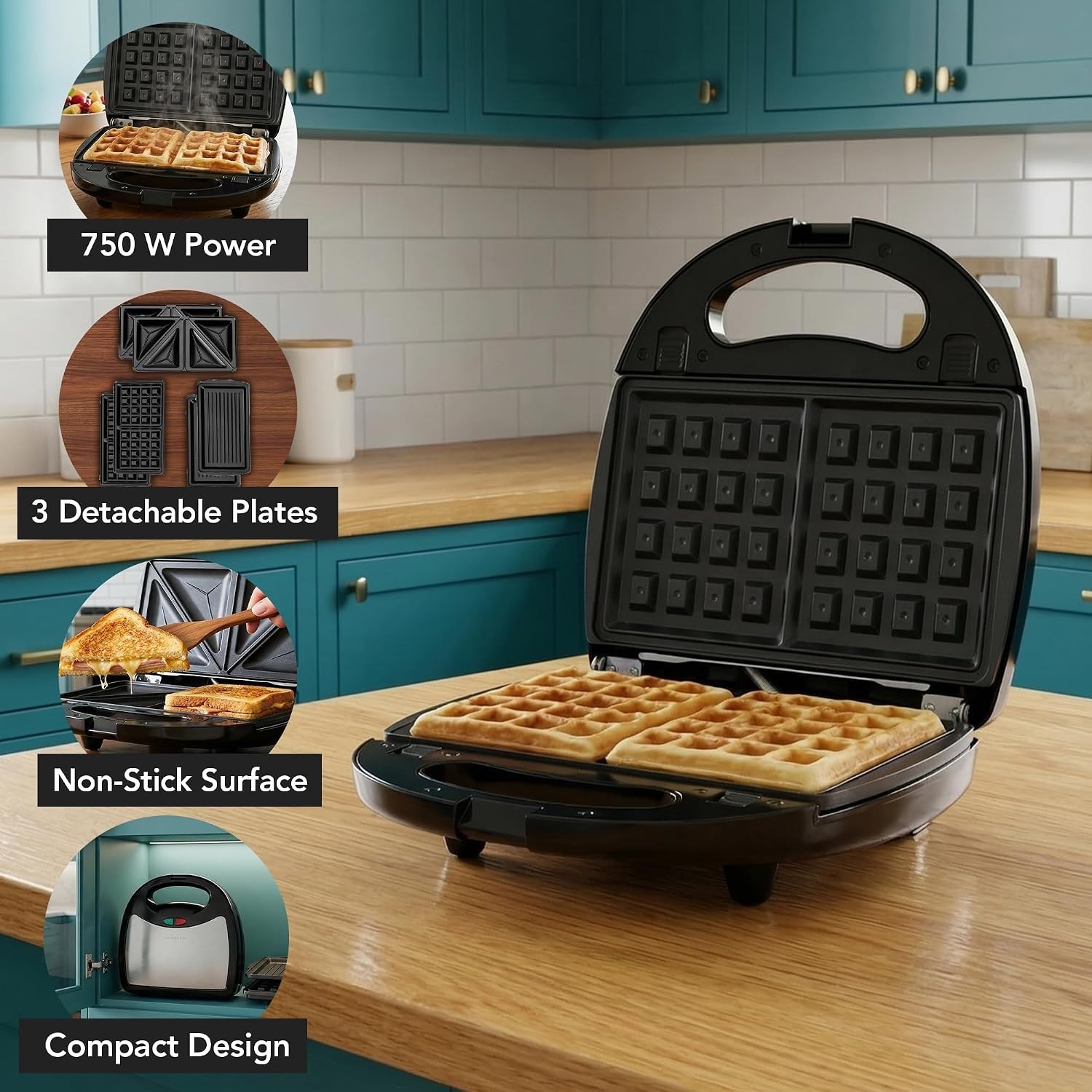 750 Watts Versatile Sandwich Maker & Waffle Iron with Cool-Touch Handle – Black