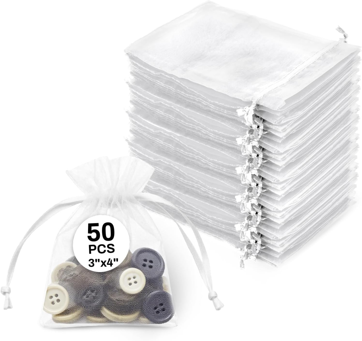 50 White Organza Bags 3”X4” – Small Organza Sachet Jewelry Gift Favor Bags Dra