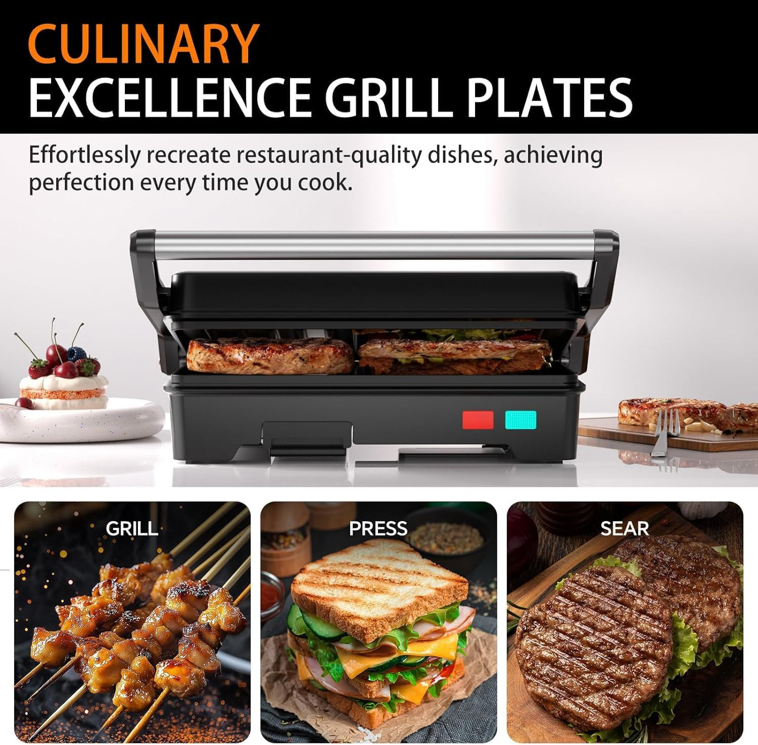 Panini Press Grill, Sandwich Maker with Non-Stick Coated Plates & Removable Drip