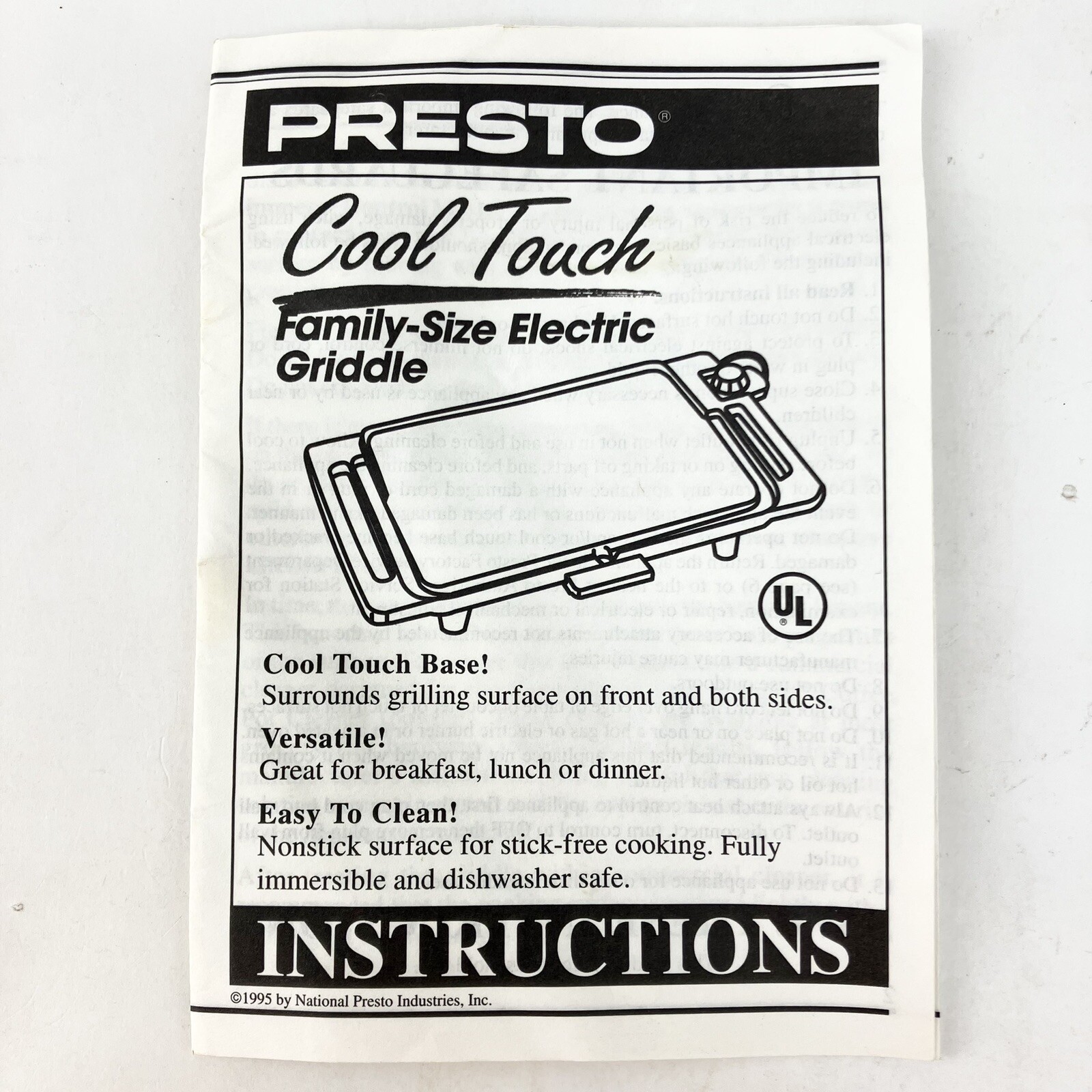 Presto Cool Touch Family Size Electric Griddle Owners Instruction Manual