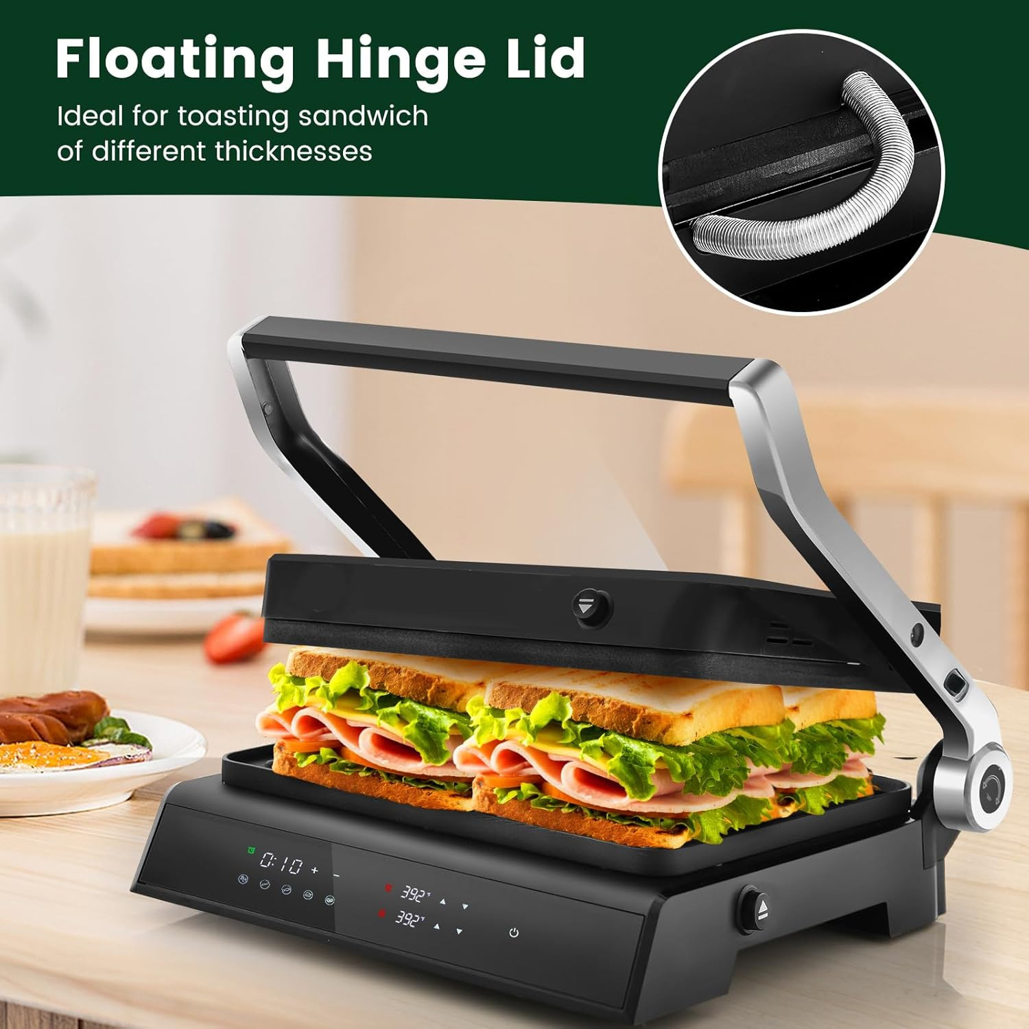3-in-1 Panini Press & Grill, 1200W, Non-Stick, Adjustable Temp Control