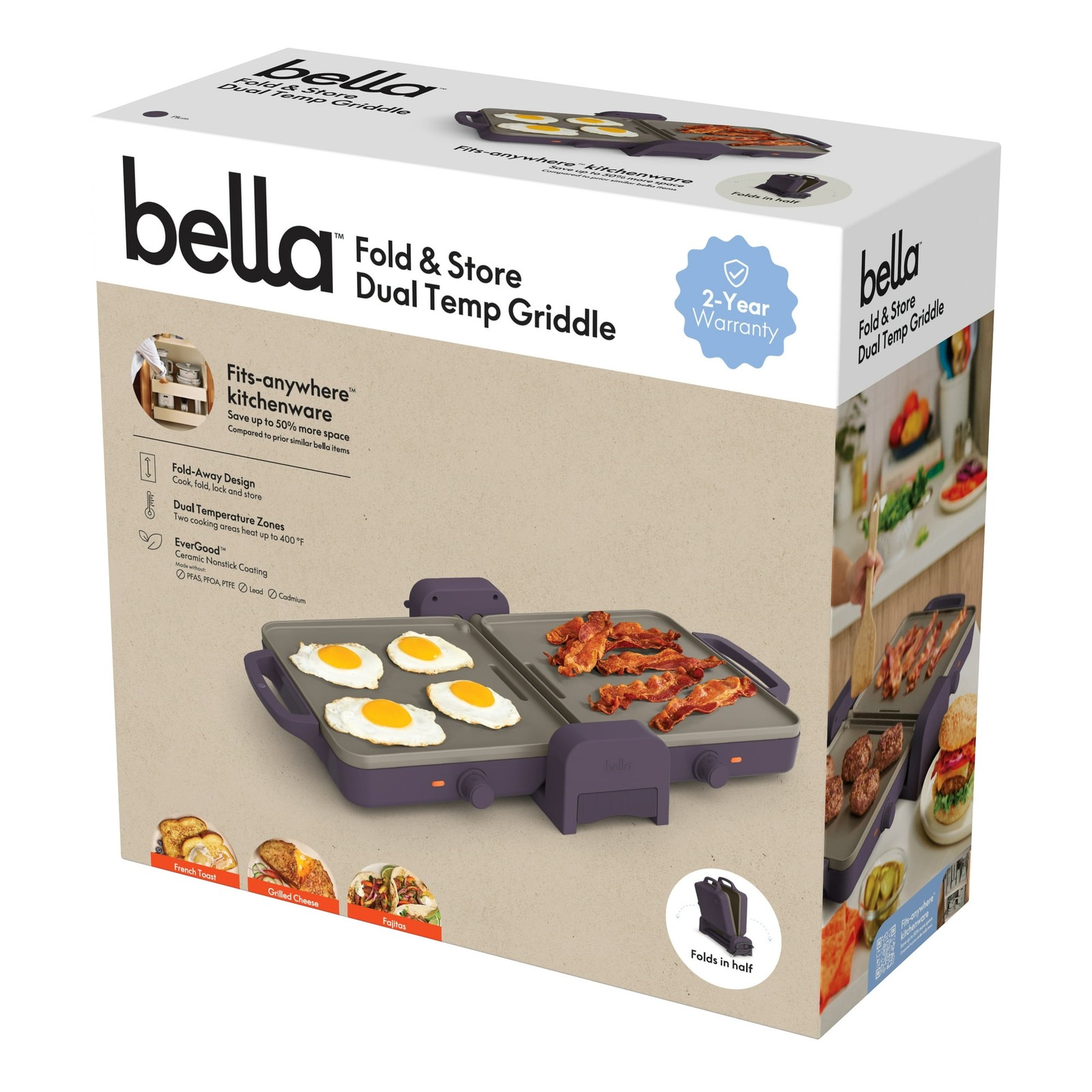Bella 10″x20″ Ceramic Fold-n-Store Dual Temp Griddle Nonstick Plum