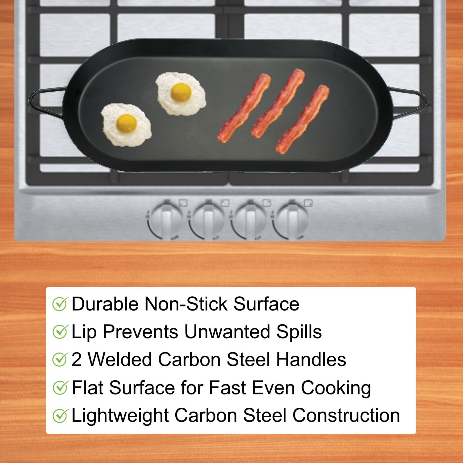 Double Burner Carbon Steel Comal Griddle Nonstick 18 x 8.5 Inch