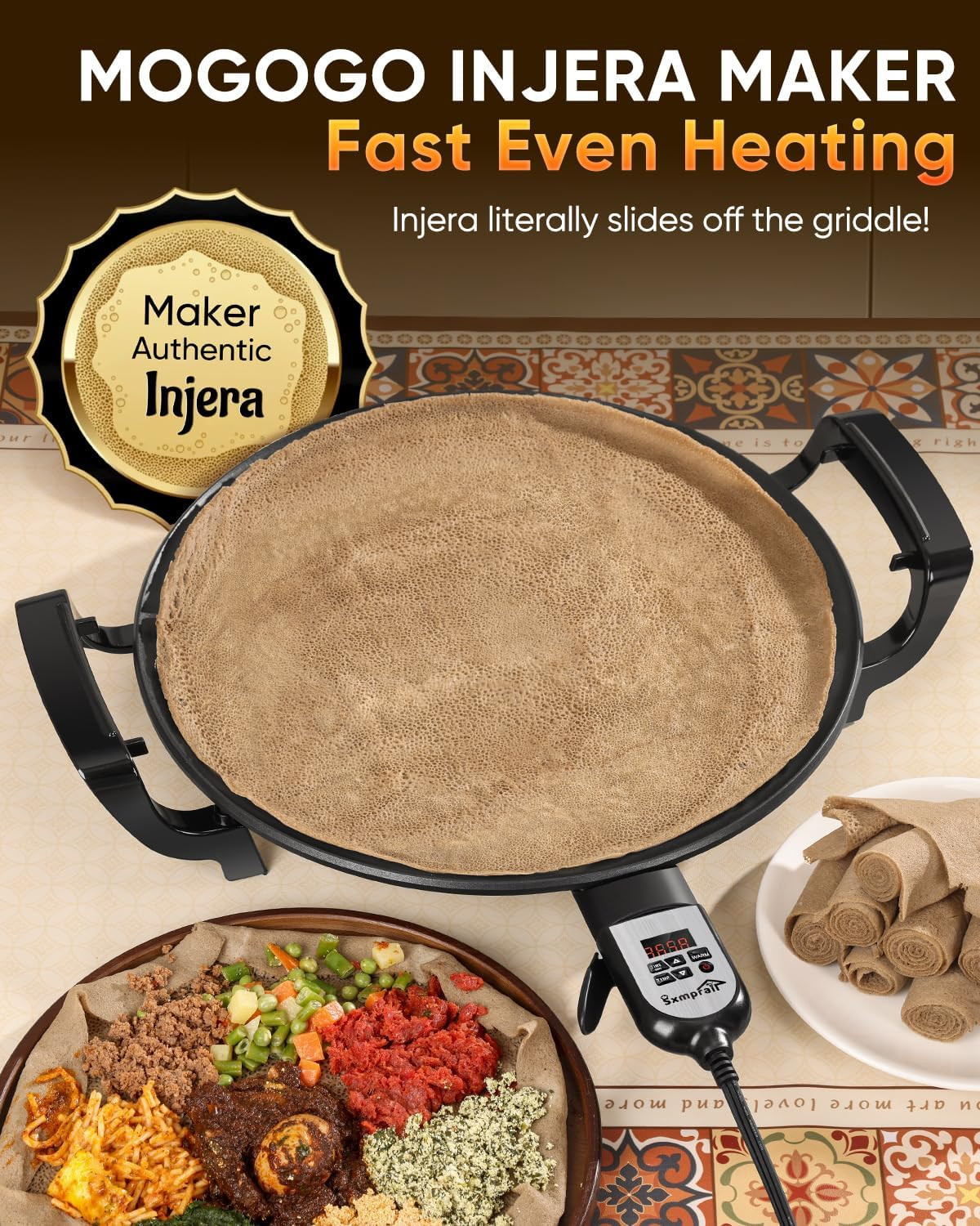 Ethiopian 18.5″ Injera Maker Mitad (Mogogo), Electric Griddle with Adjustable Te