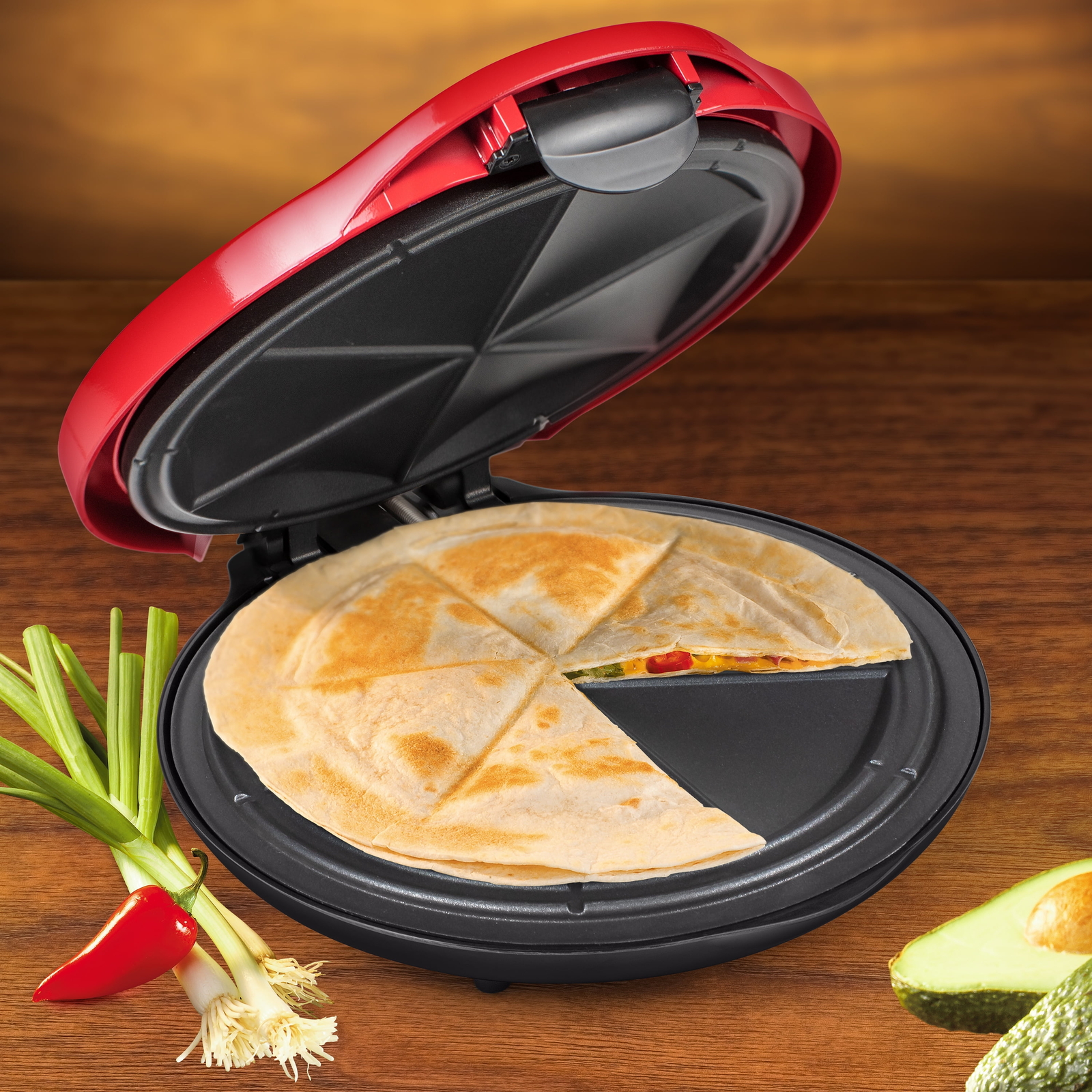 Taco Tuesday 6-Wedge Electric Quesadilla Maker with Extra Stuffing Latch, Red 10