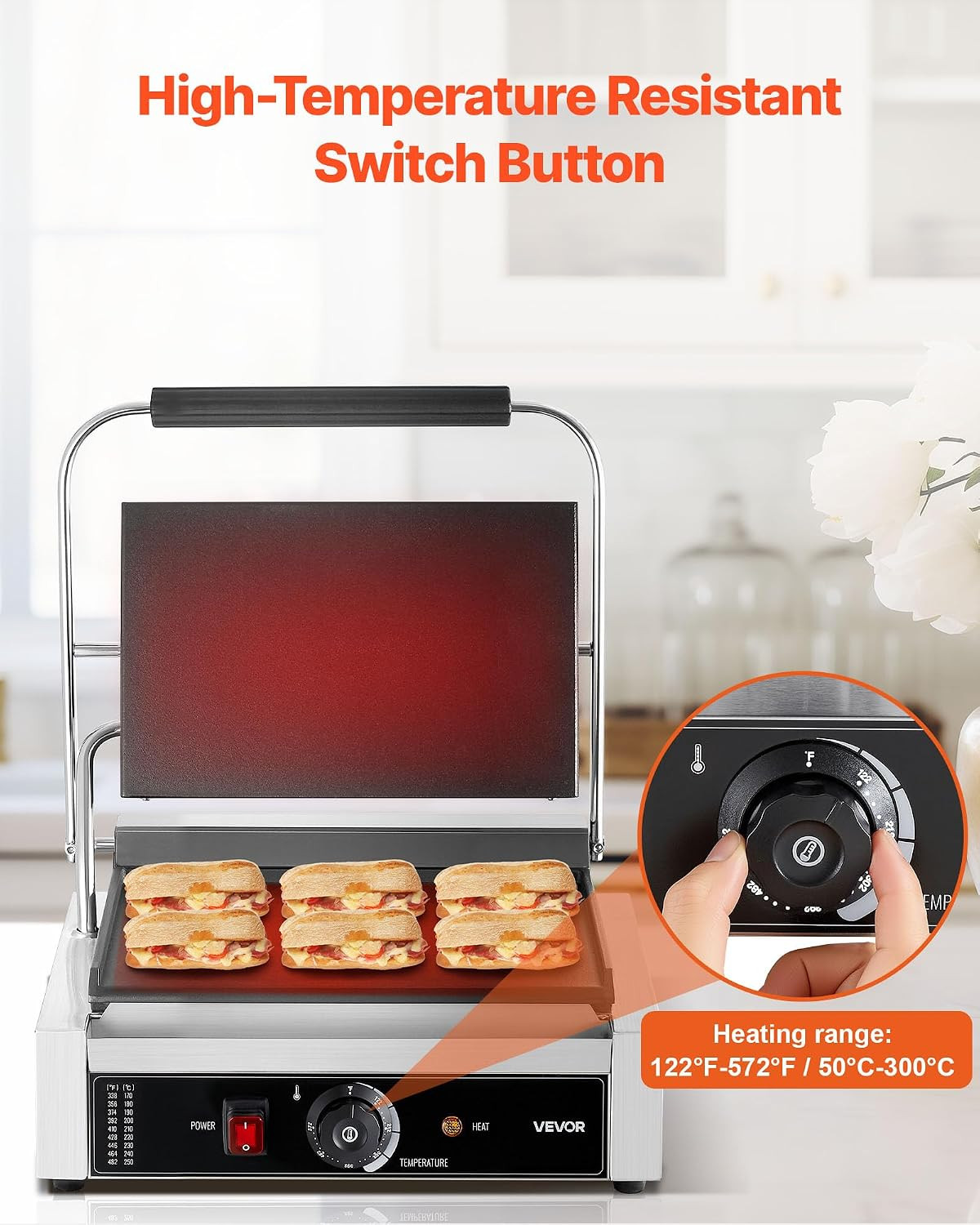 Commercial Panini Grill, 1800W Electric Sandwich Panini Maker, Stainless Steel S