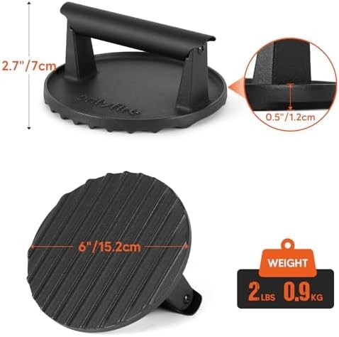 onlyfire 6 Inch Heavy-Duty Cast Iron Grill Press | Smash Burger Press Meat Steak