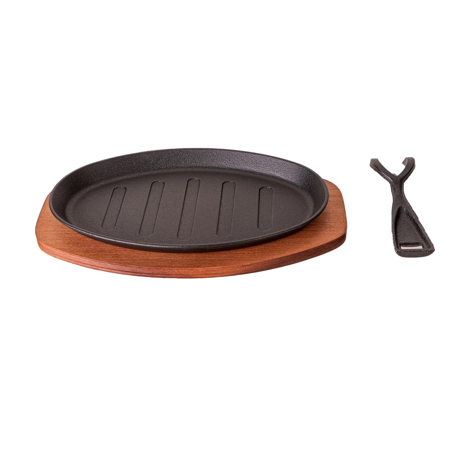 Cast Iron Steak Plate Sizzle Griddle Wooden Base Fajita Pan Oval 10 Inch