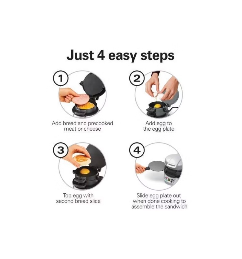 Hamilton Beach Breakfast Sandwich Maker – Silver NEW with 200 Recipe Cook Book