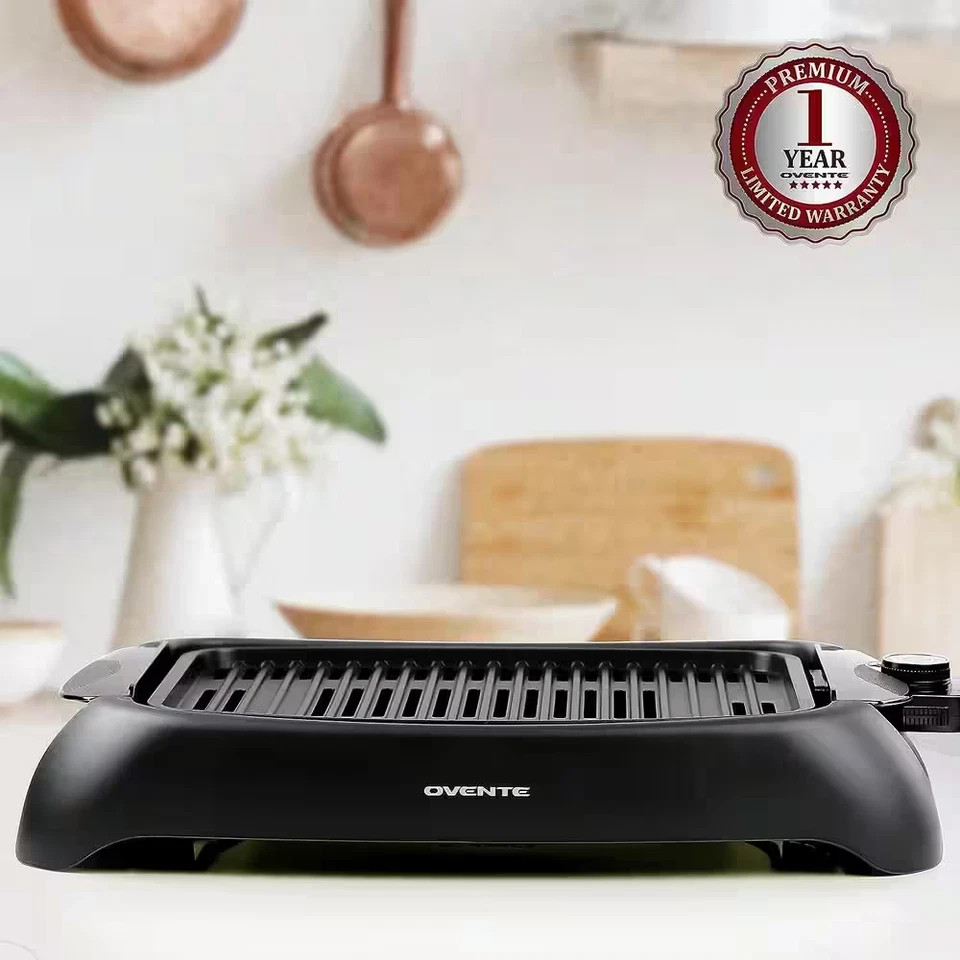 OVENTE Portable Electric Indoor Grill with Non-Stick Grilling Plate Black 1000-W