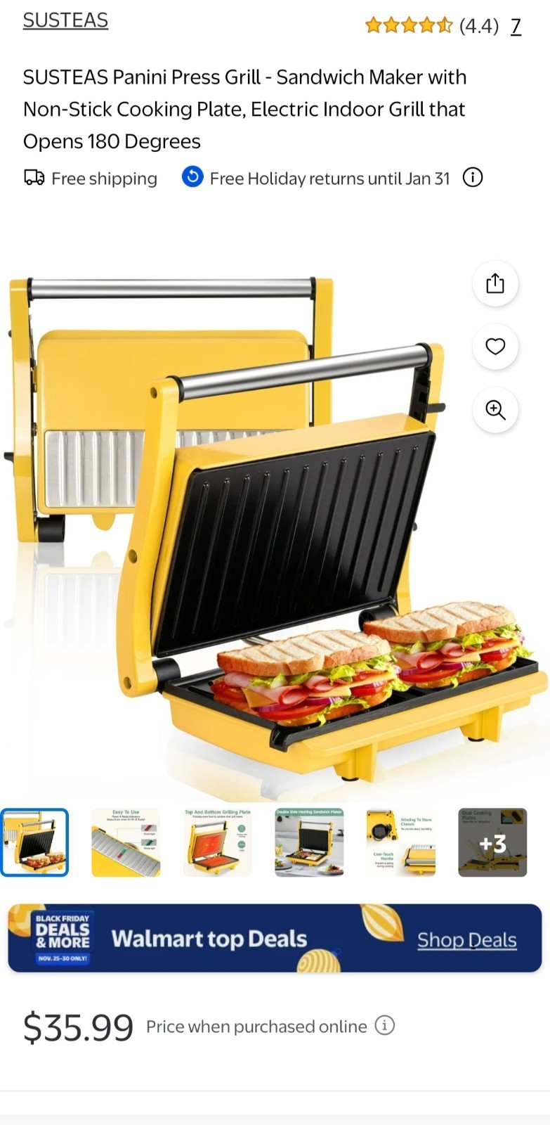 SUSTEAS Panini Press Grill – Sandwich Maker with Non-Stick Cooking Plate Yellow