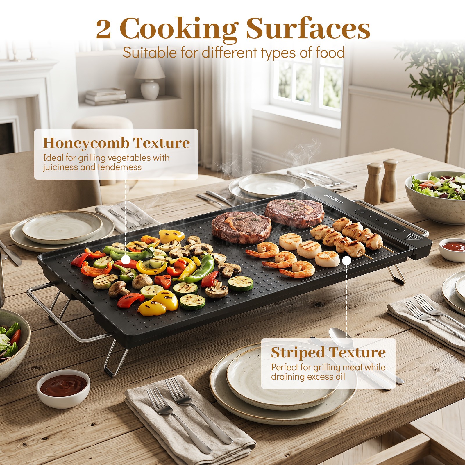 1300W Electric Grill w/Removable Touch Panel, Adjustable Temperature for Family