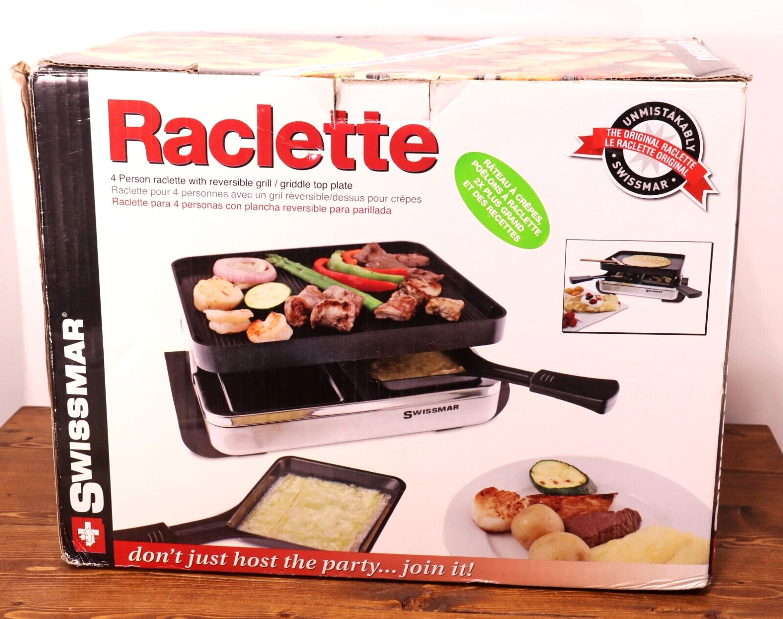 Swissmar 4 Person Raclette Party Grill Crepe Maker, Reversible Grill, NEW in Box