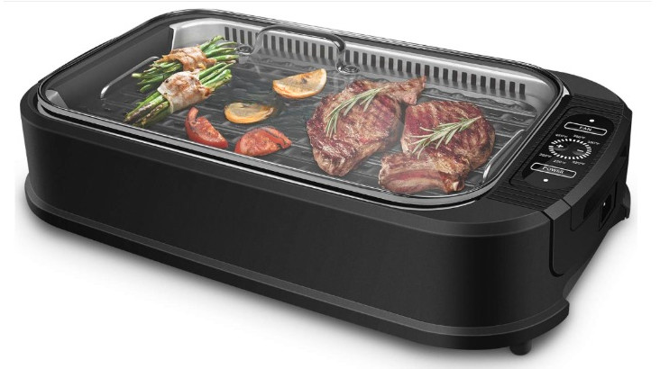 Parrilla eléctrica interior sin humo 1500W con tapa de vidrio y control 6 nivele
