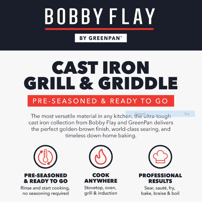 GreenPan Bobby Flay 11″ Cast Iron Reversible Grill/Griddle